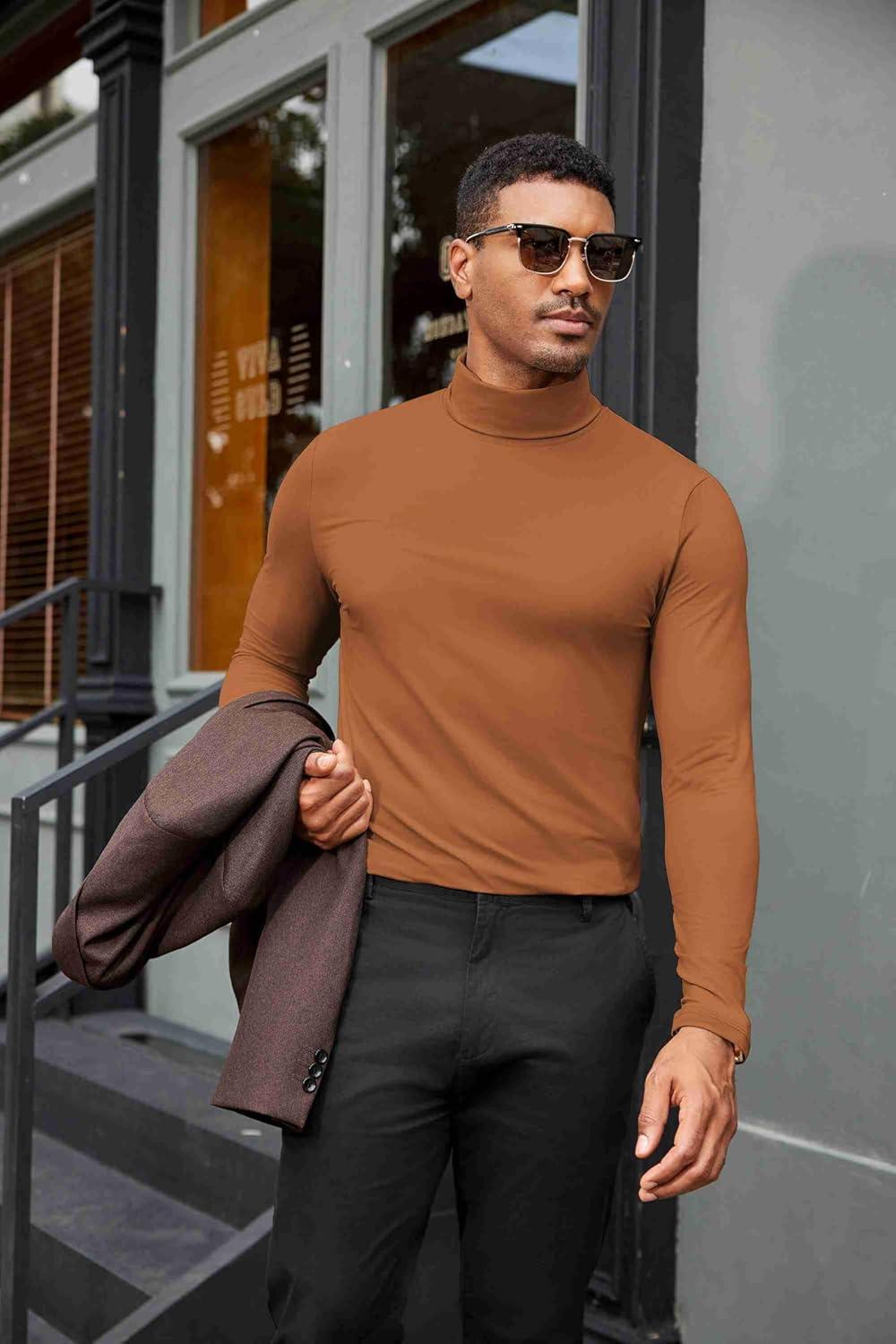 imageCOOFANDY Mens Turtleneck Shirts Slim Fit Shirt Tops Lightweight Pullover Thermal Sweater Casual Long Sleeve ShirtLight Brown