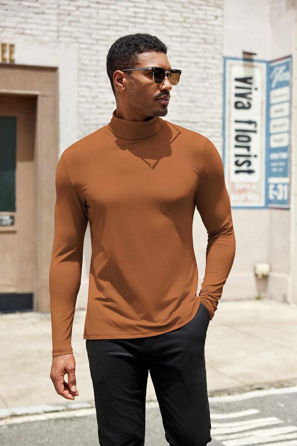 imageCOOFANDY Mens Turtleneck Shirts Slim Fit Shirt Tops Lightweight Pullover Thermal Sweater Casual Long Sleeve ShirtLight Brown