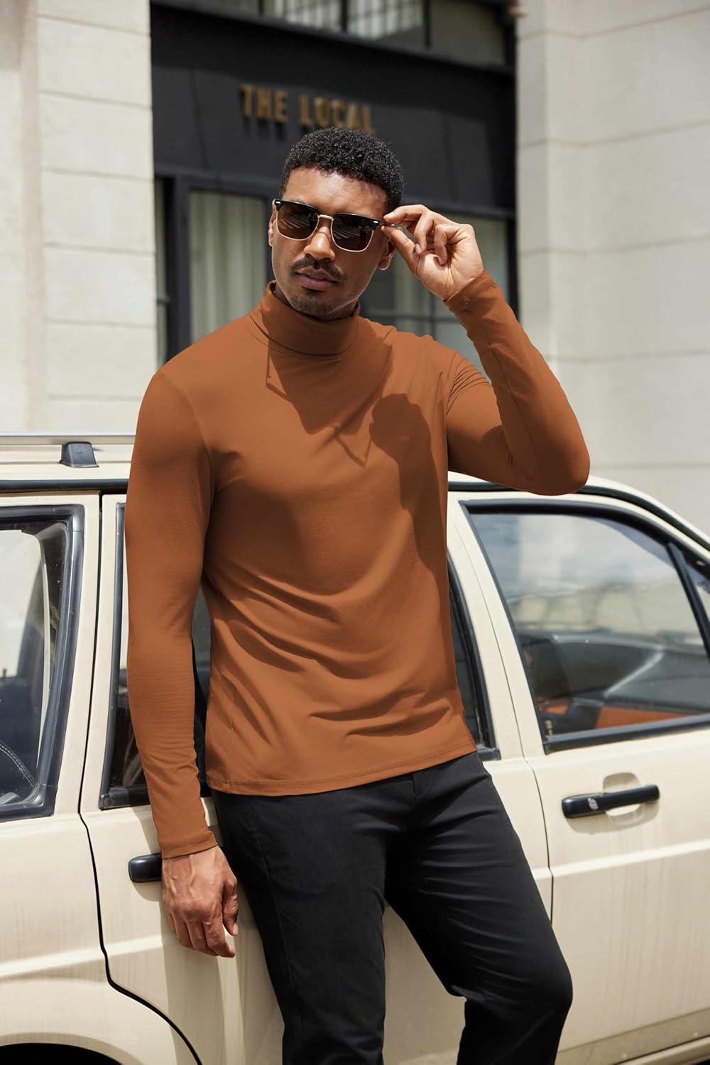 imageCOOFANDY Mens Turtleneck Shirts Slim Fit Shirt Tops Lightweight Pullover Thermal Sweater Casual Long Sleeve ShirtLight Brown