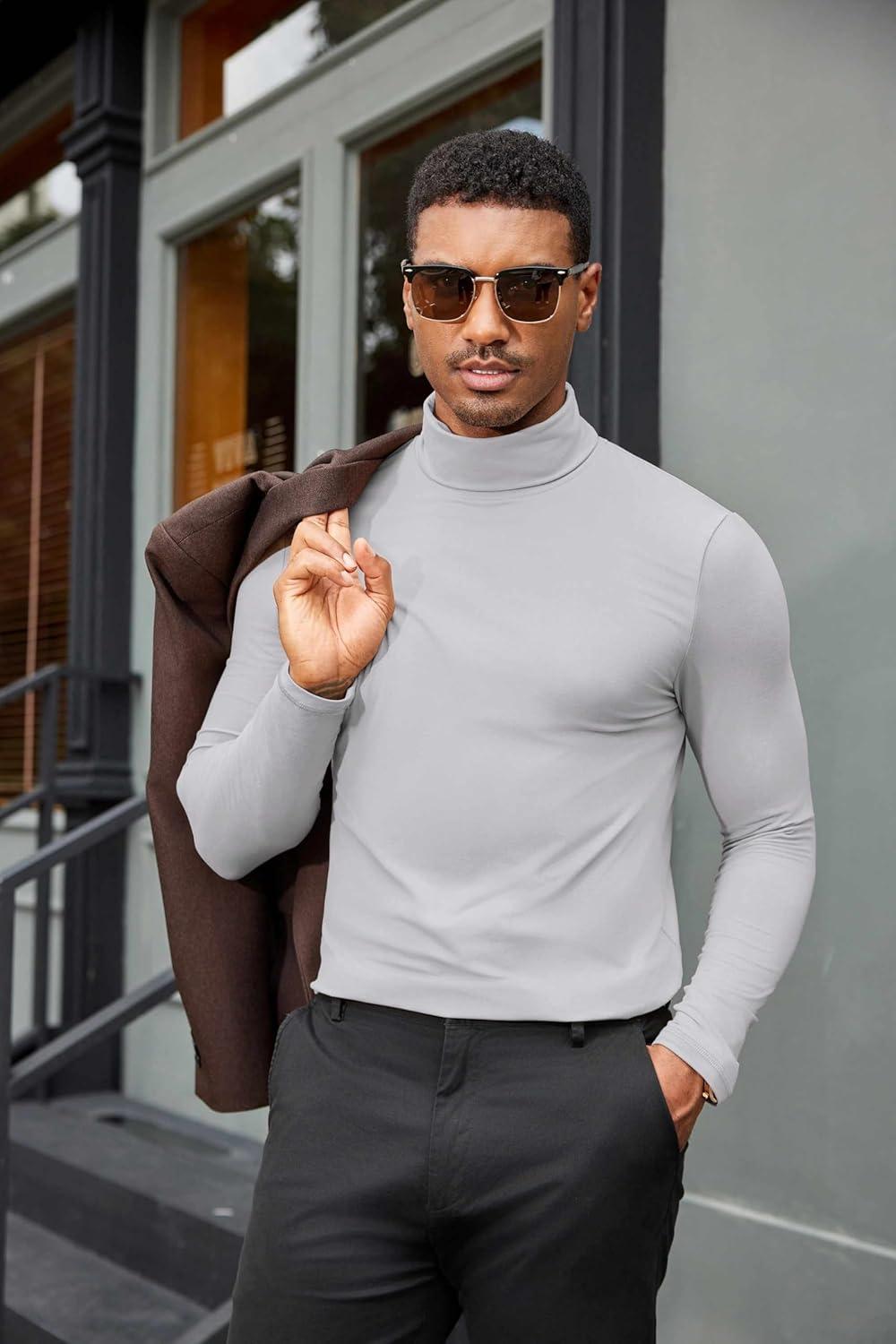 imageCOOFANDY Mens Turtleneck Shirts Slim Fit Shirt Tops Lightweight Pullover Thermal Sweater Casual Long Sleeve ShirtLight Gray