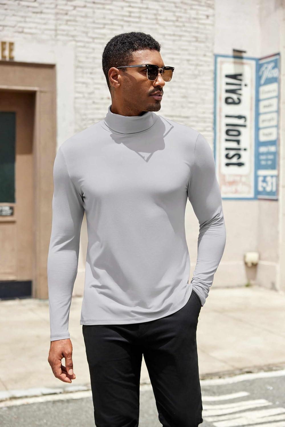 imageCOOFANDY Mens Turtleneck Shirts Slim Fit Shirt Tops Lightweight Pullover Thermal Sweater Casual Long Sleeve ShirtLight Gray