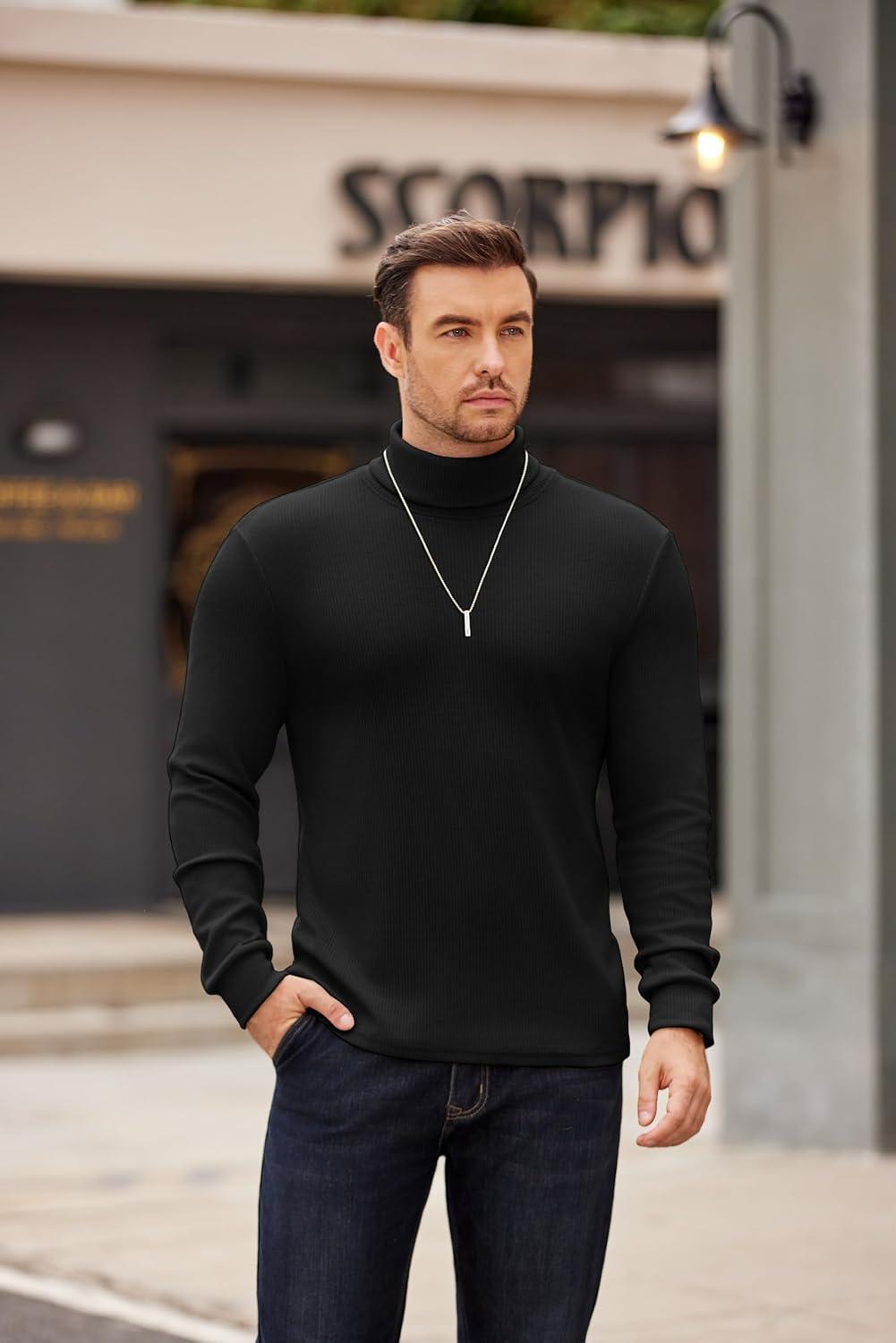 imageCOOFANDY Mens Turtleneck Sweater Long Sleeve Casual Ribbed Knitted High Neck Pullover SweatersBlack