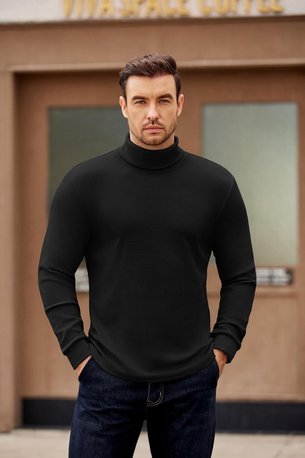 imageCOOFANDY Mens Turtleneck Sweater Long Sleeve Casual Ribbed Knitted High Neck Pullover SweatersBlack