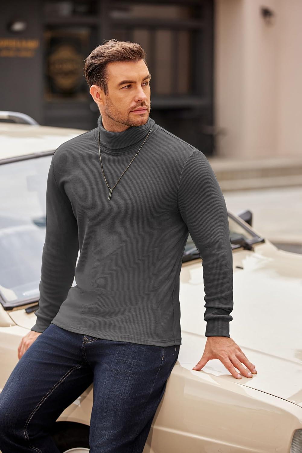 imageCOOFANDY Mens Turtleneck Sweater Long Sleeve Casual Ribbed Knitted High Neck Pullover SweatersDark Grey
