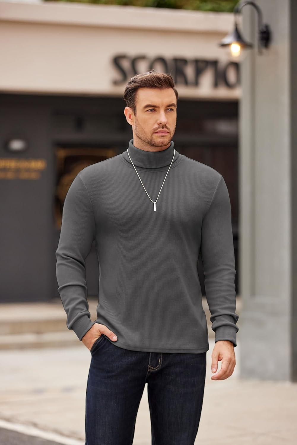 imageCOOFANDY Mens Turtleneck Sweater Long Sleeve Casual Ribbed Knitted High Neck Pullover SweatersDark Grey