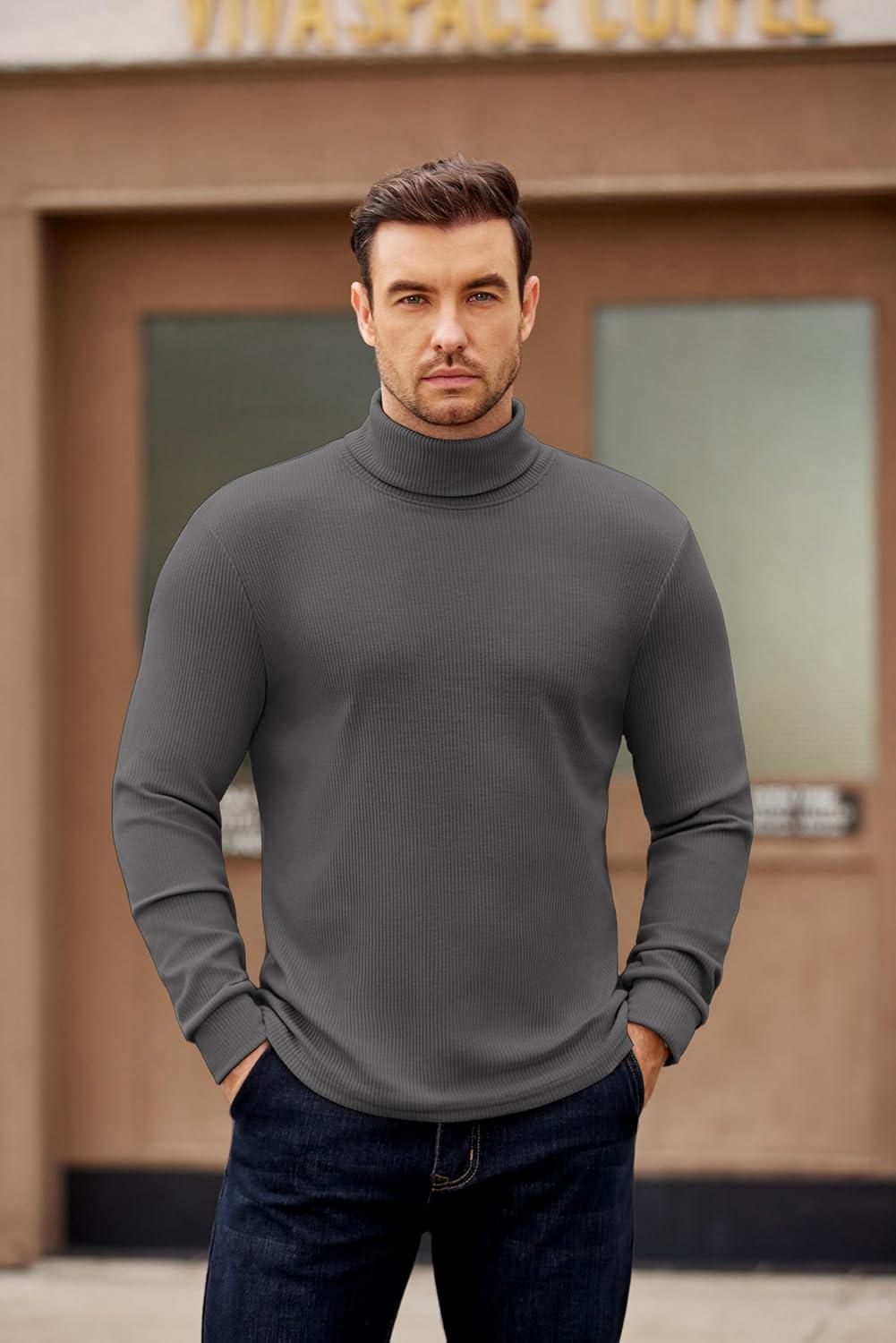 imageCOOFANDY Mens Turtleneck Sweater Long Sleeve Casual Ribbed Knitted High Neck Pullover SweatersDark Grey