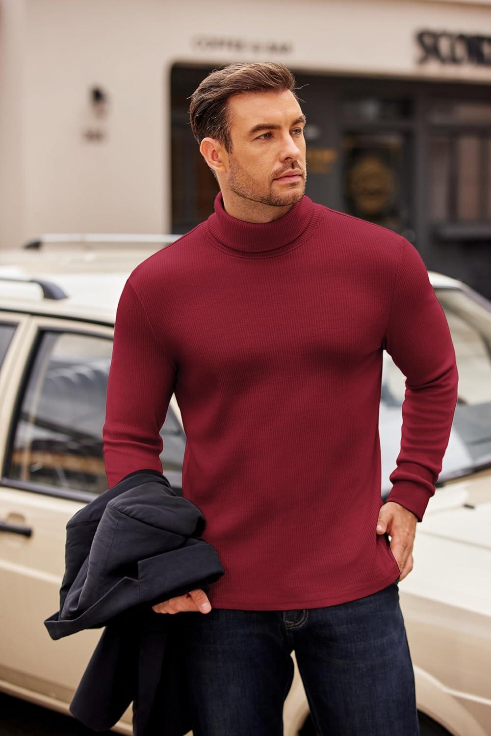 imageCOOFANDY Mens Turtleneck Sweater Long Sleeve Casual Ribbed Knitted High Neck Pullover SweatersDark Red