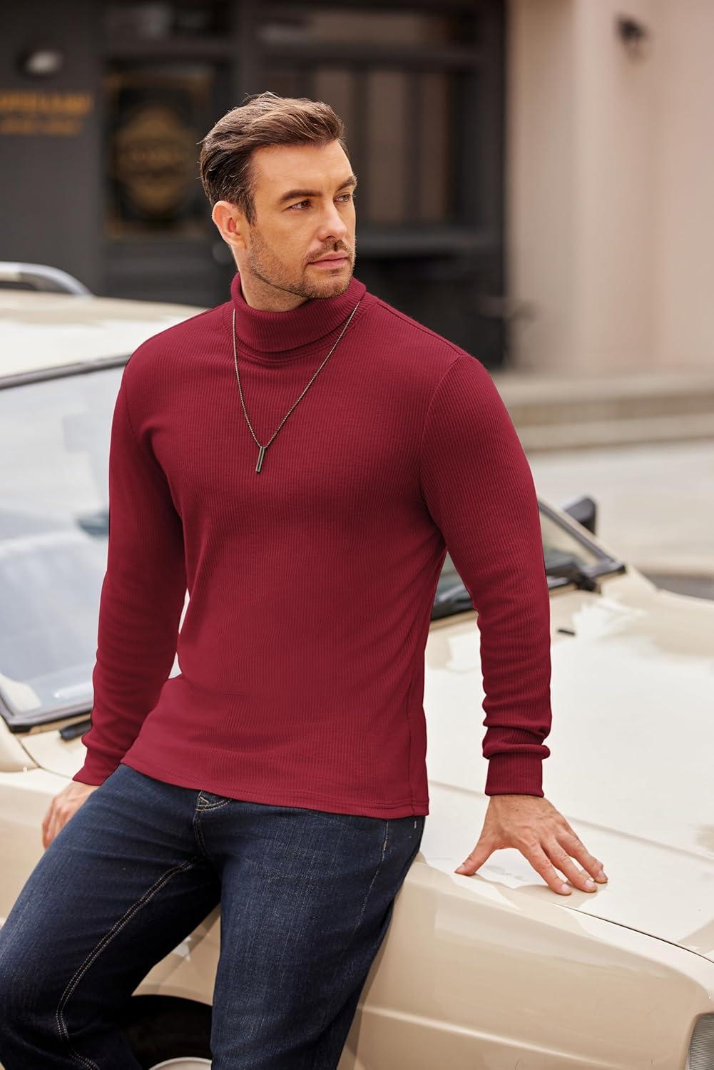 imageCOOFANDY Mens Turtleneck Sweater Long Sleeve Casual Ribbed Knitted High Neck Pullover SweatersDark Red