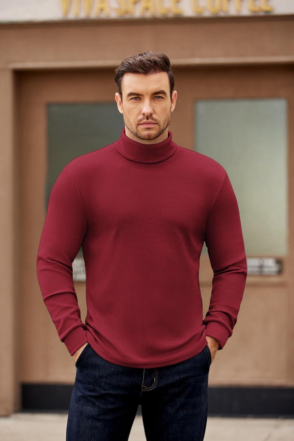 imageCOOFANDY Mens Turtleneck Sweater Long Sleeve Casual Ribbed Knitted High Neck Pullover SweatersDark Red
