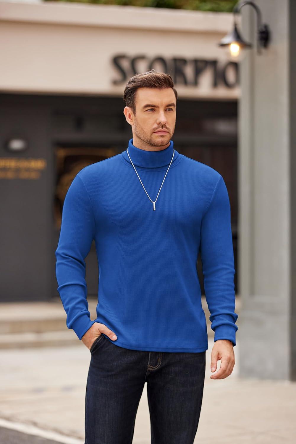 imageCOOFANDY Mens Turtleneck Sweater Long Sleeve Casual Ribbed Knitted High Neck Pullover SweatersLake Blue
