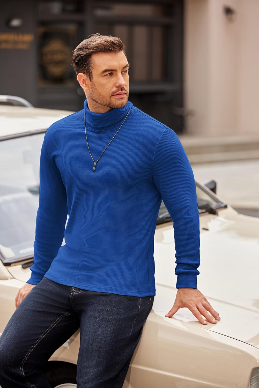 imageCOOFANDY Mens Turtleneck Sweater Long Sleeve Casual Ribbed Knitted High Neck Pullover SweatersLake Blue