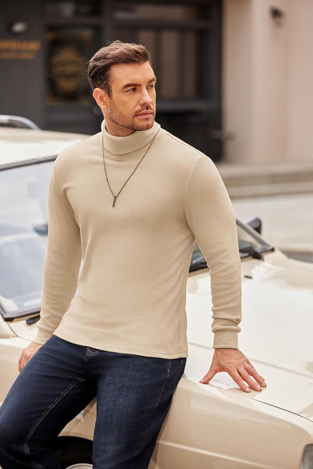 imageCOOFANDY Mens Turtleneck Sweater Long Sleeve Casual Ribbed Knitted High Neck Pullover SweatersLight Brown