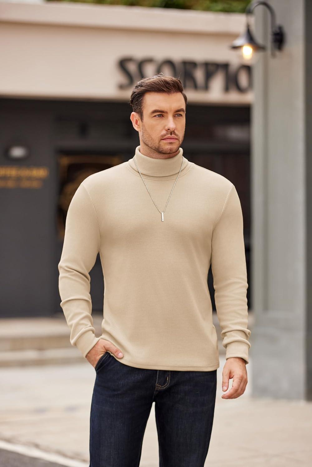 imageCOOFANDY Mens Turtleneck Sweater Long Sleeve Casual Ribbed Knitted High Neck Pullover SweatersLight Brown