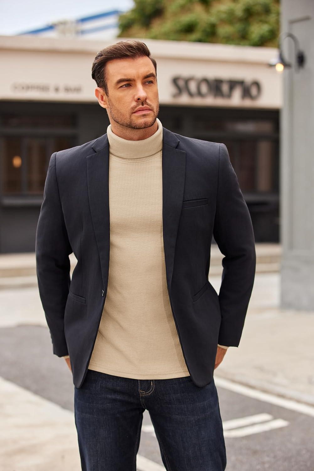 imageCOOFANDY Mens Turtleneck Sweater Long Sleeve Casual Ribbed Knitted High Neck Pullover SweatersLight Brown