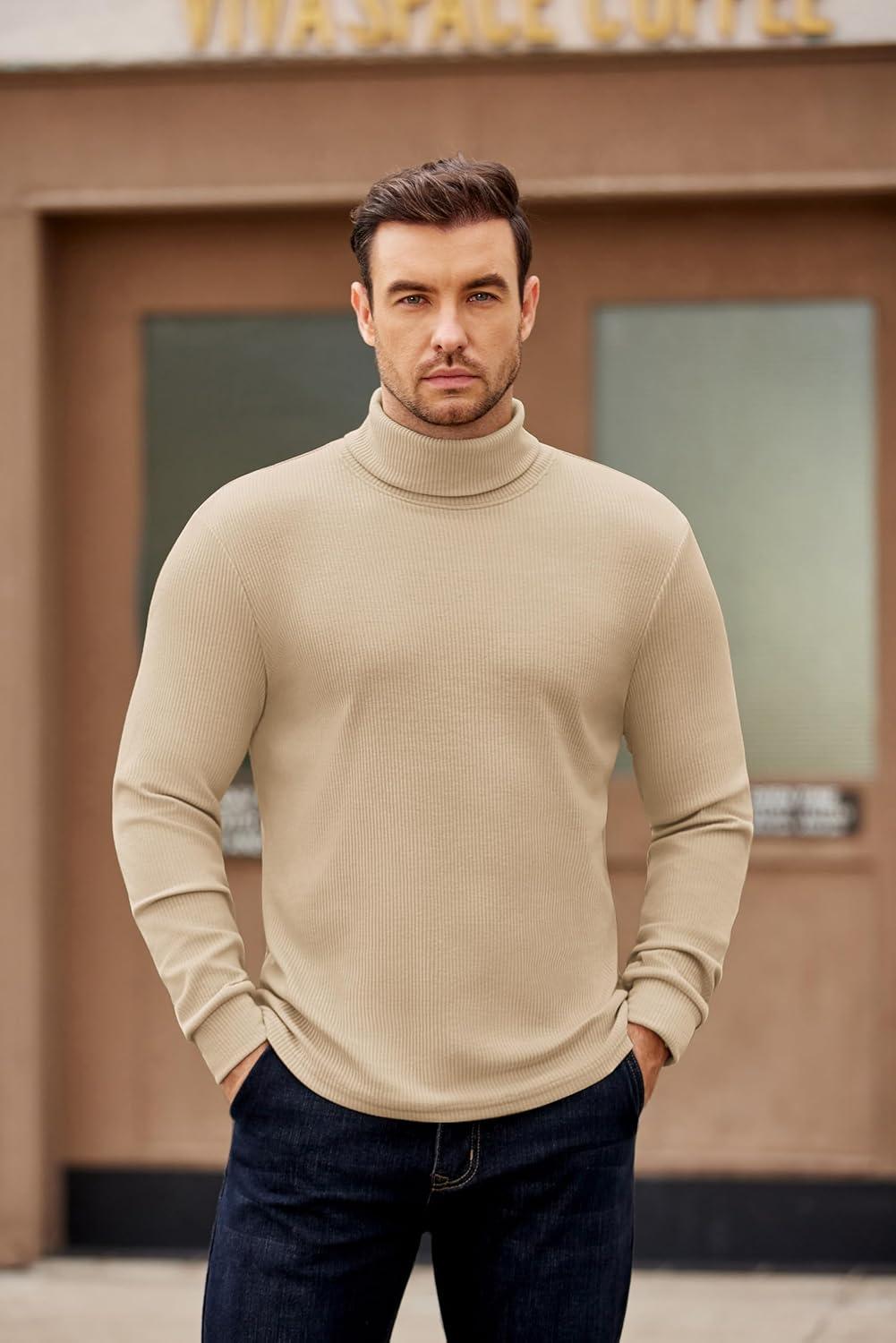 imageCOOFANDY Mens Turtleneck Sweater Long Sleeve Casual Ribbed Knitted High Neck Pullover SweatersLight Brown