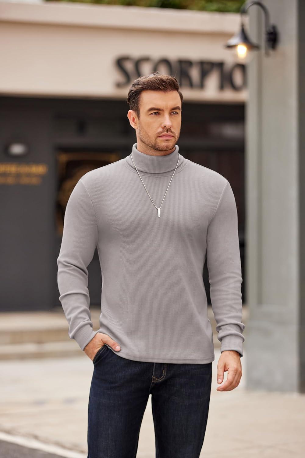 imageCOOFANDY Mens Turtleneck Sweater Long Sleeve Casual Ribbed Knitted High Neck Pullover SweatersLight Grey