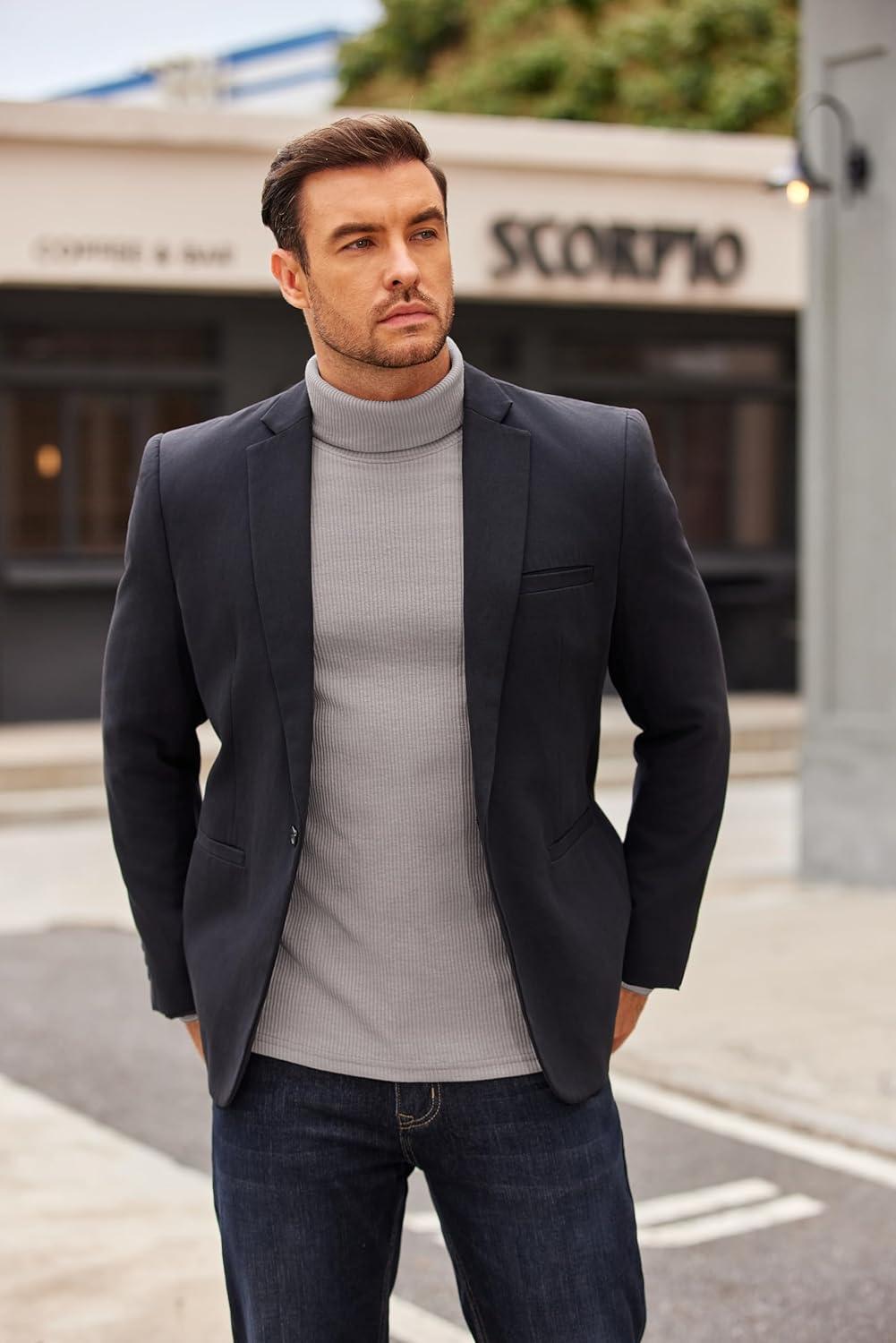 imageCOOFANDY Mens Turtleneck Sweater Long Sleeve Casual Ribbed Knitted High Neck Pullover SweatersLight Grey