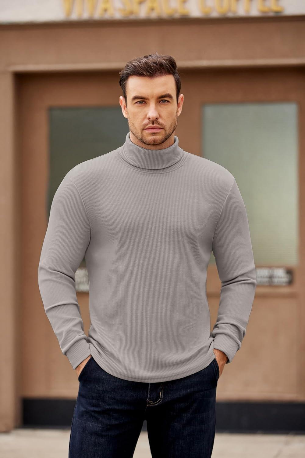 imageCOOFANDY Mens Turtleneck Sweater Long Sleeve Casual Ribbed Knitted High Neck Pullover SweatersLight Grey