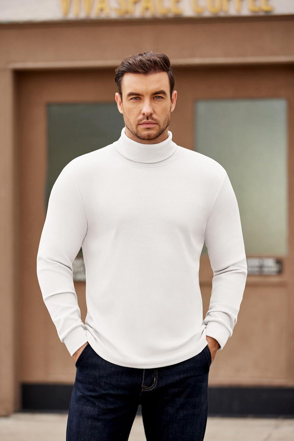 imageCOOFANDY Mens Turtleneck Sweater Long Sleeve Casual Ribbed Knitted High Neck Pullover SweatersWhite