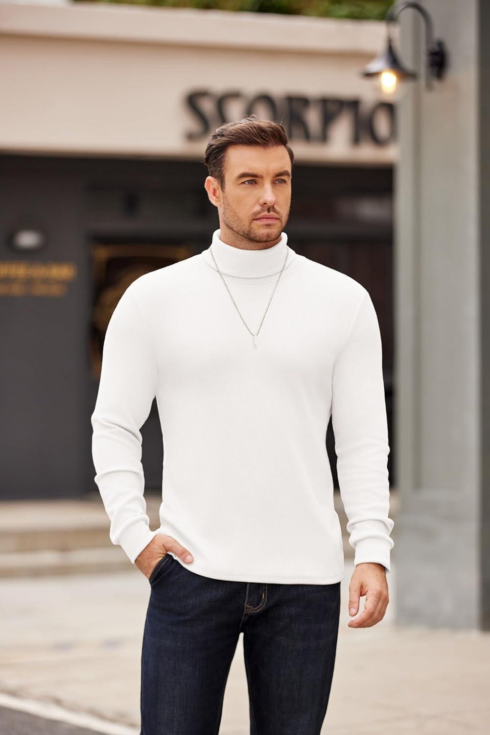 imageCOOFANDY Mens Turtleneck Sweater Long Sleeve Casual Ribbed Knitted High Neck Pullover SweatersWhite
