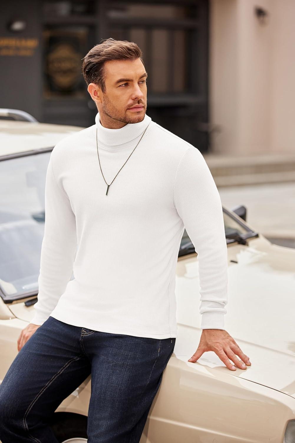 imageCOOFANDY Mens Turtleneck Sweater Long Sleeve Casual Ribbed Knitted High Neck Pullover SweatersWhite