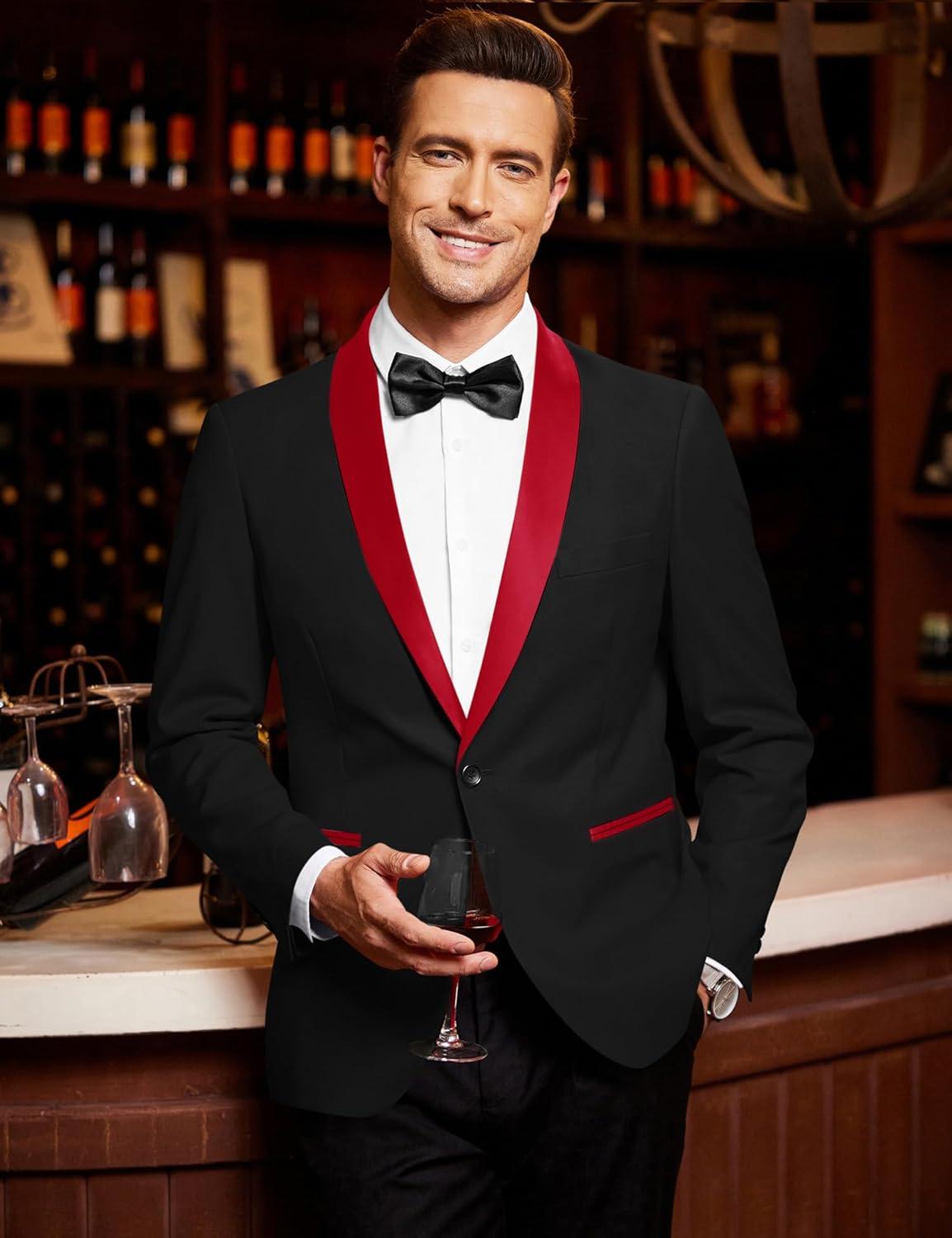 imageCOOFANDY Mens Tuxedo Jacket One Button Dress Suit Blazer Jacket for Wedding Dinner Prom PartyBlack Red