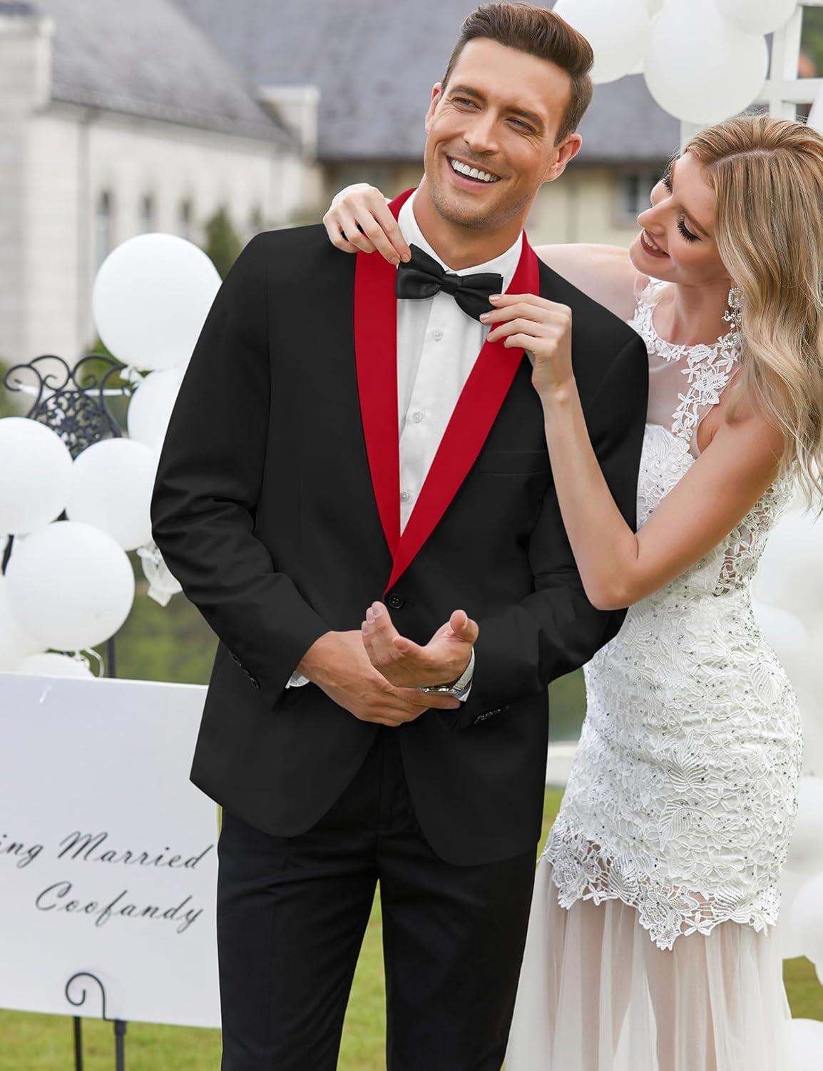 imageCOOFANDY Mens Tuxedo Jacket One Button Dress Suit Blazer Jacket for Wedding Dinner Prom PartyBlack Red