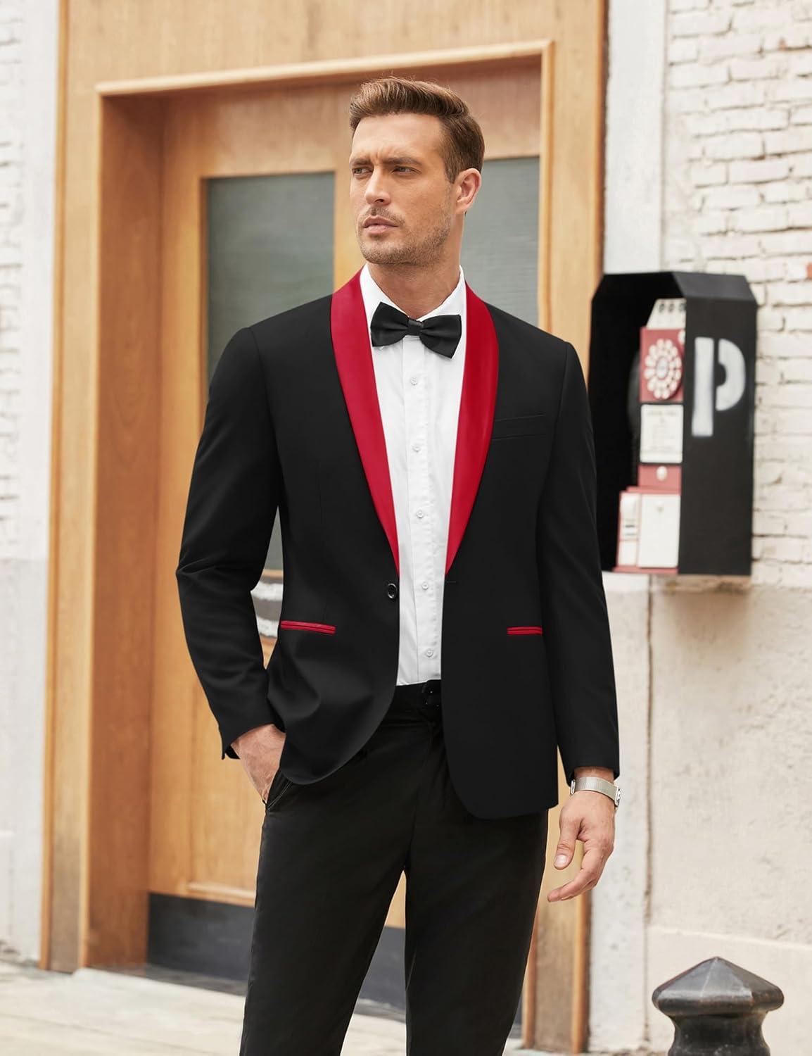 imageCOOFANDY Mens Tuxedo Jacket One Button Dress Suit Blazer Jacket for Wedding Dinner Prom PartyBlack Red