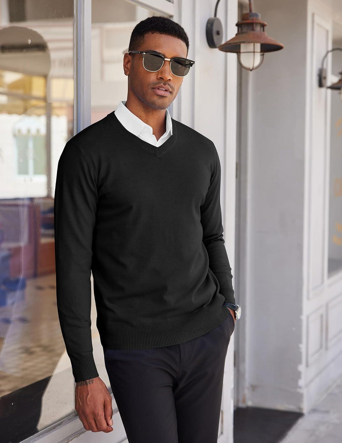 imageCOOFANDY Mens V Neck Sweater Lightweight Knitted Pullover SweatersBlack