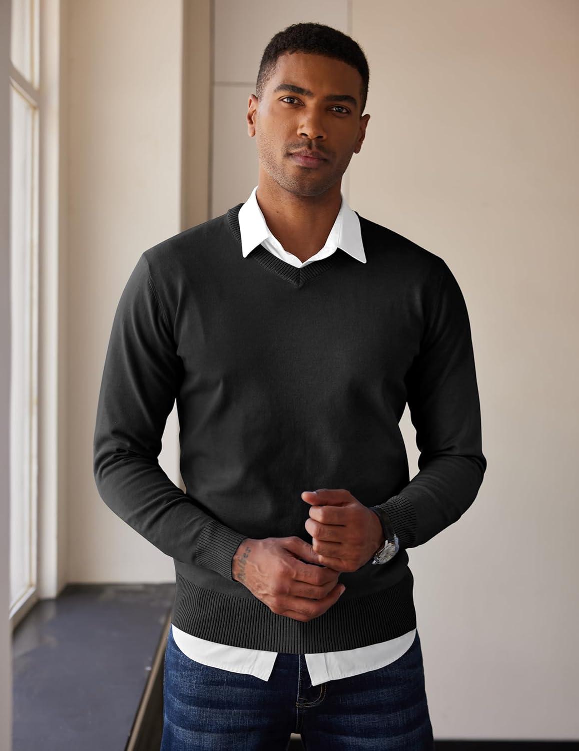 imageCOOFANDY Mens V Neck Sweater Lightweight Knitted Pullover SweatersBlack