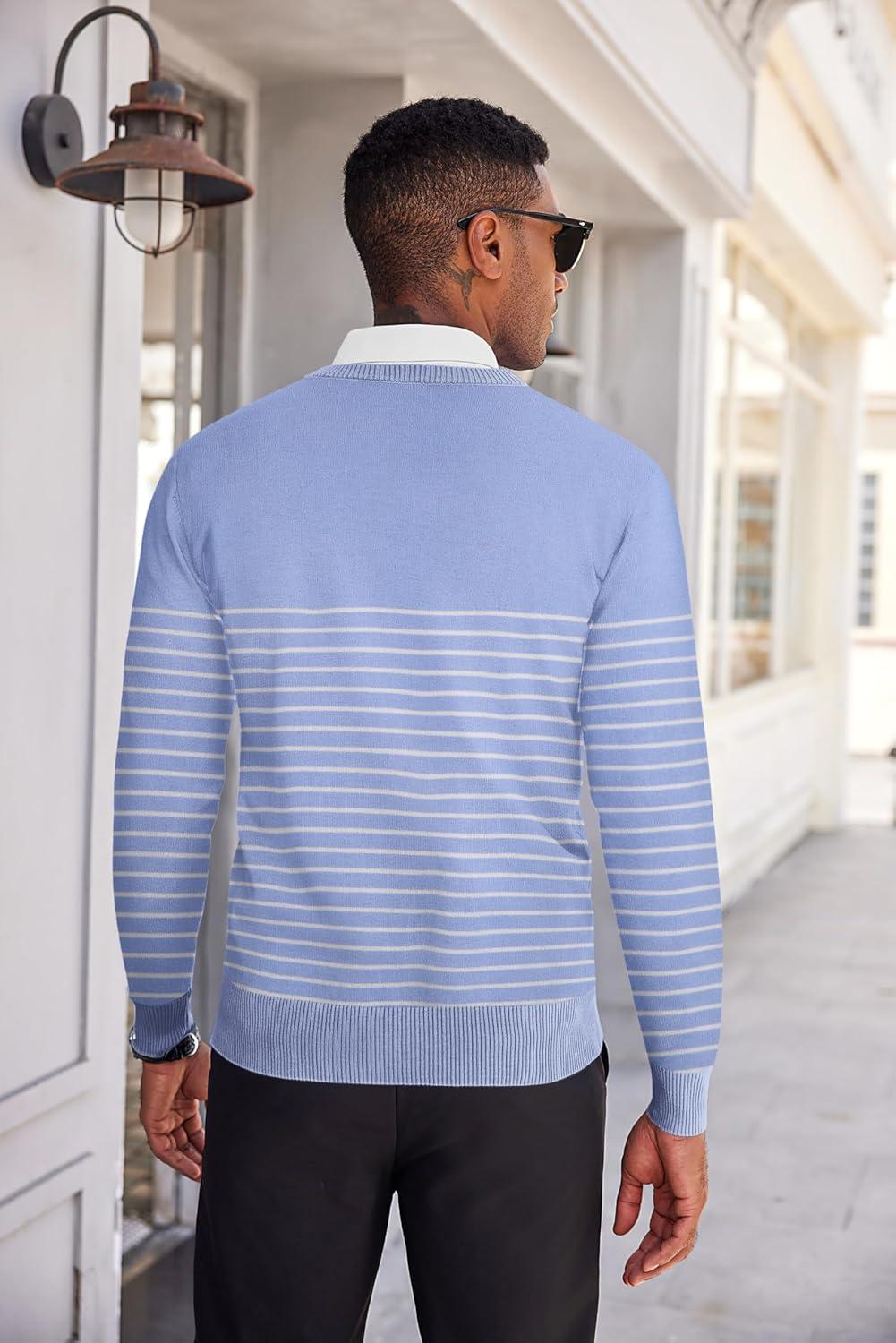 imageCOOFANDY Mens V Neck Sweater Lightweight Knitted Pullover SweatersBluestriped