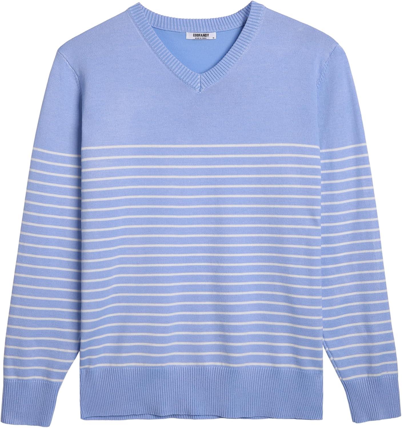imageCOOFANDY Mens V Neck Sweater Lightweight Knitted Pullover SweatersBluestriped