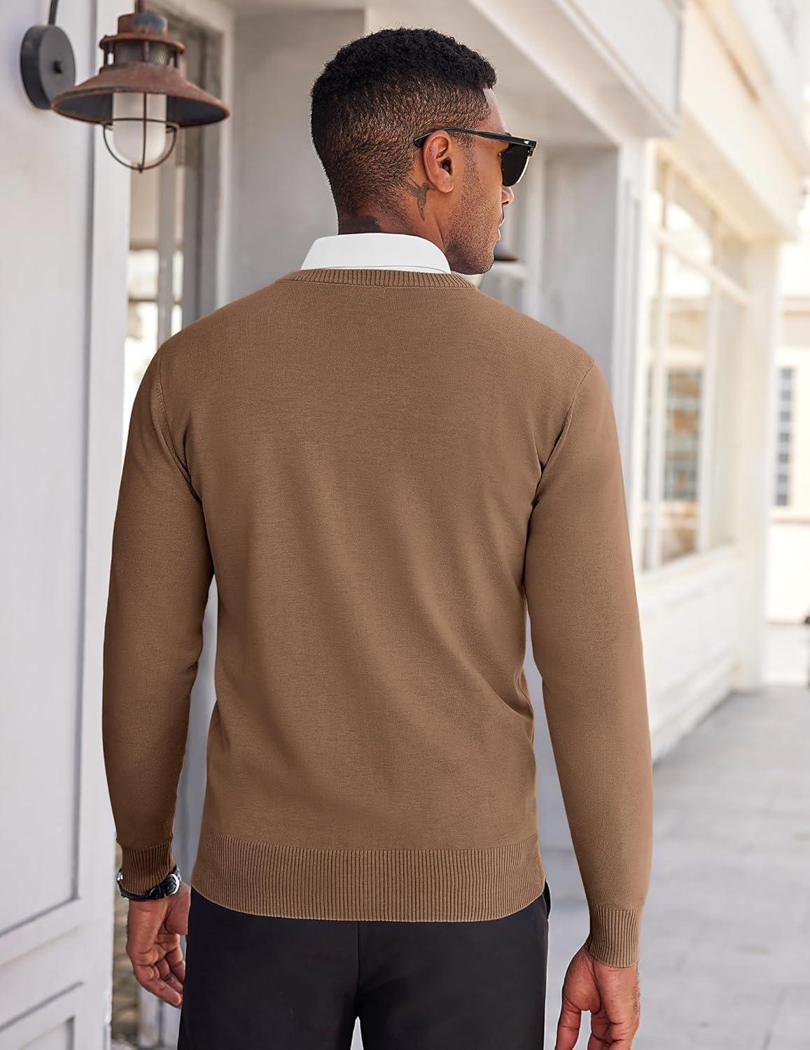 imageCOOFANDY Mens V Neck Sweater Lightweight Knitted Pullover SweatersBrown