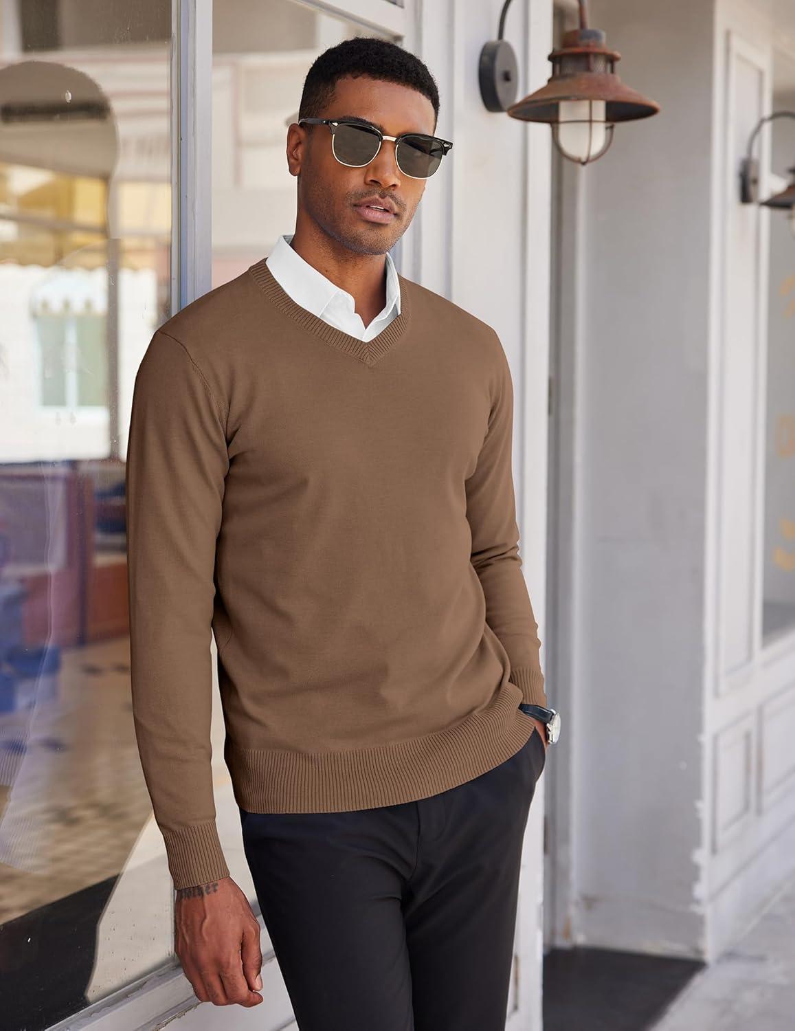 imageCOOFANDY Mens V Neck Sweater Lightweight Knitted Pullover SweatersBrown