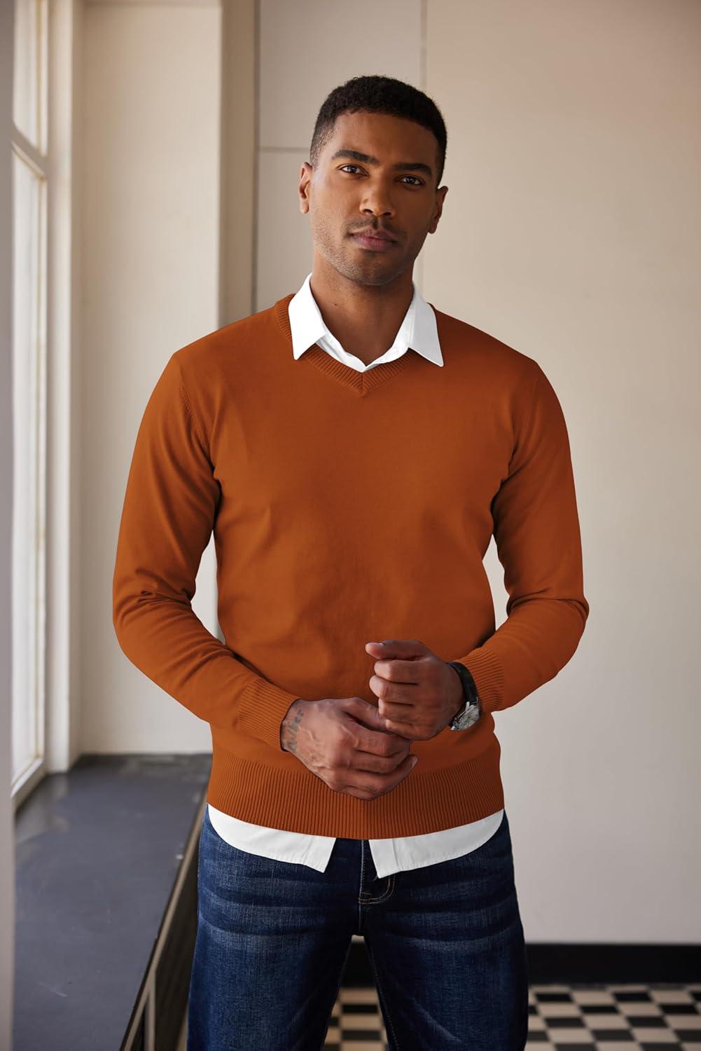 imageCOOFANDY Mens V Neck Sweater Lightweight Knitted Pullover SweatersCaramel