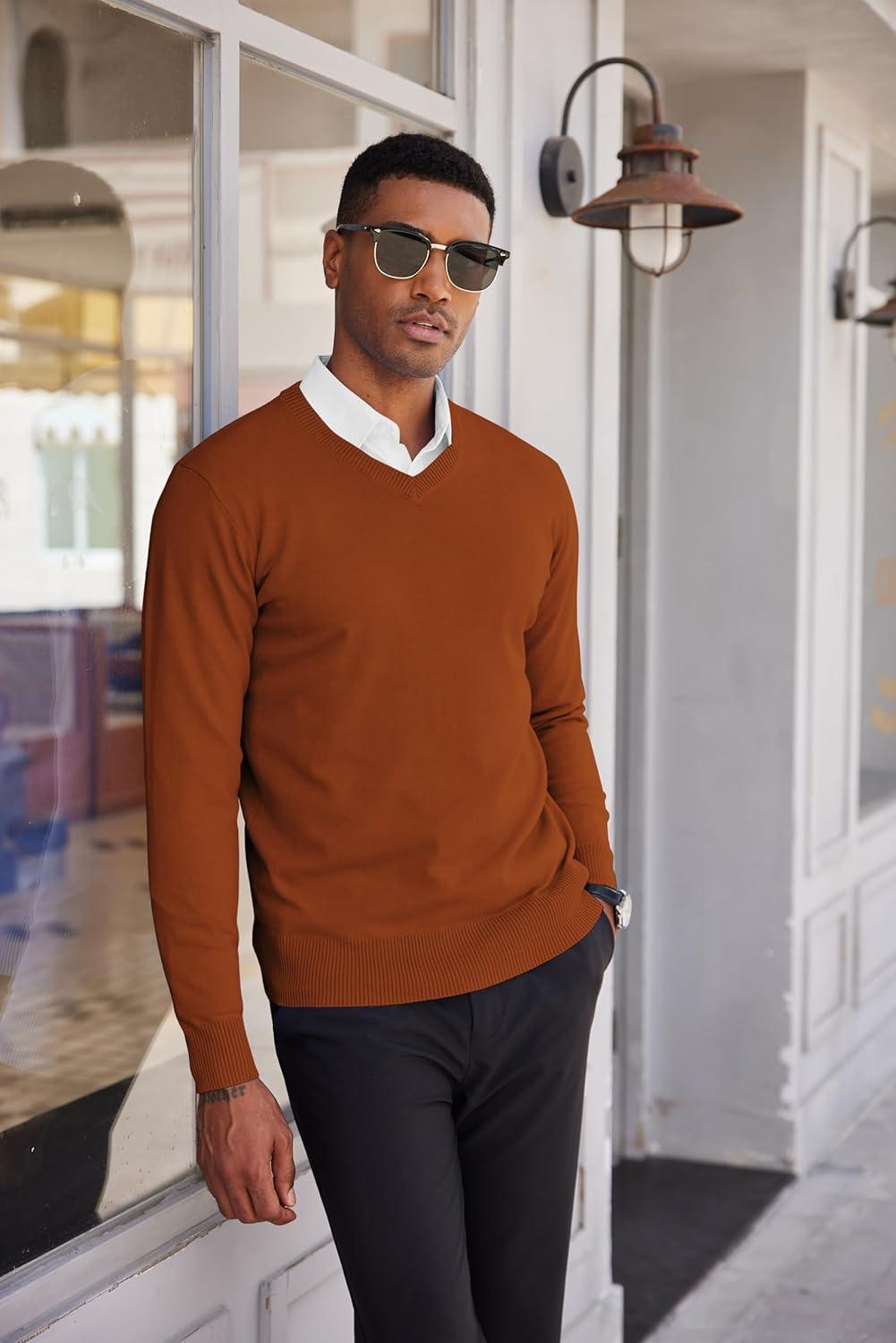 imageCOOFANDY Mens V Neck Sweater Lightweight Knitted Pullover SweatersCaramel