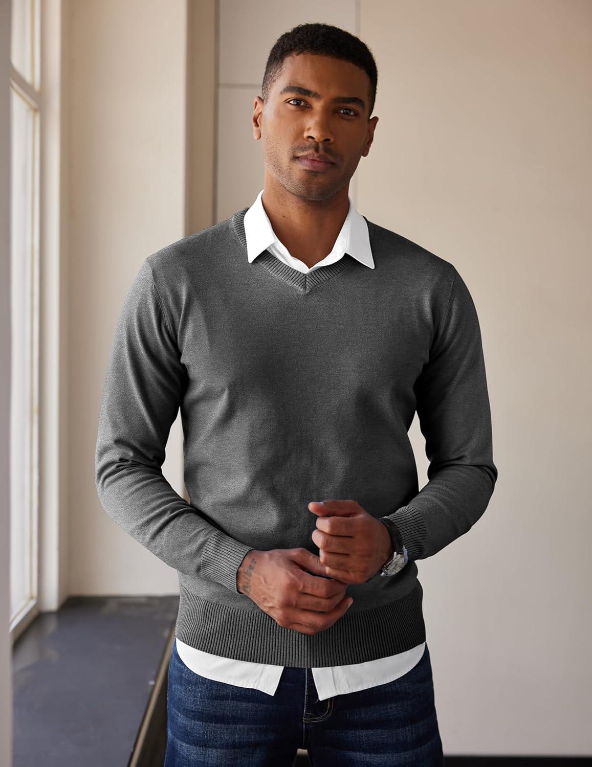 imageCOOFANDY Mens V Neck Sweater Lightweight Knitted Pullover SweatersDark Grey