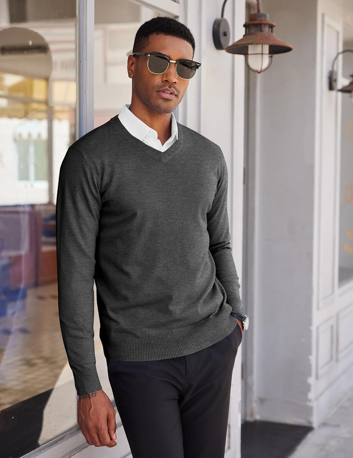 imageCOOFANDY Mens V Neck Sweater Lightweight Knitted Pullover SweatersDark Grey