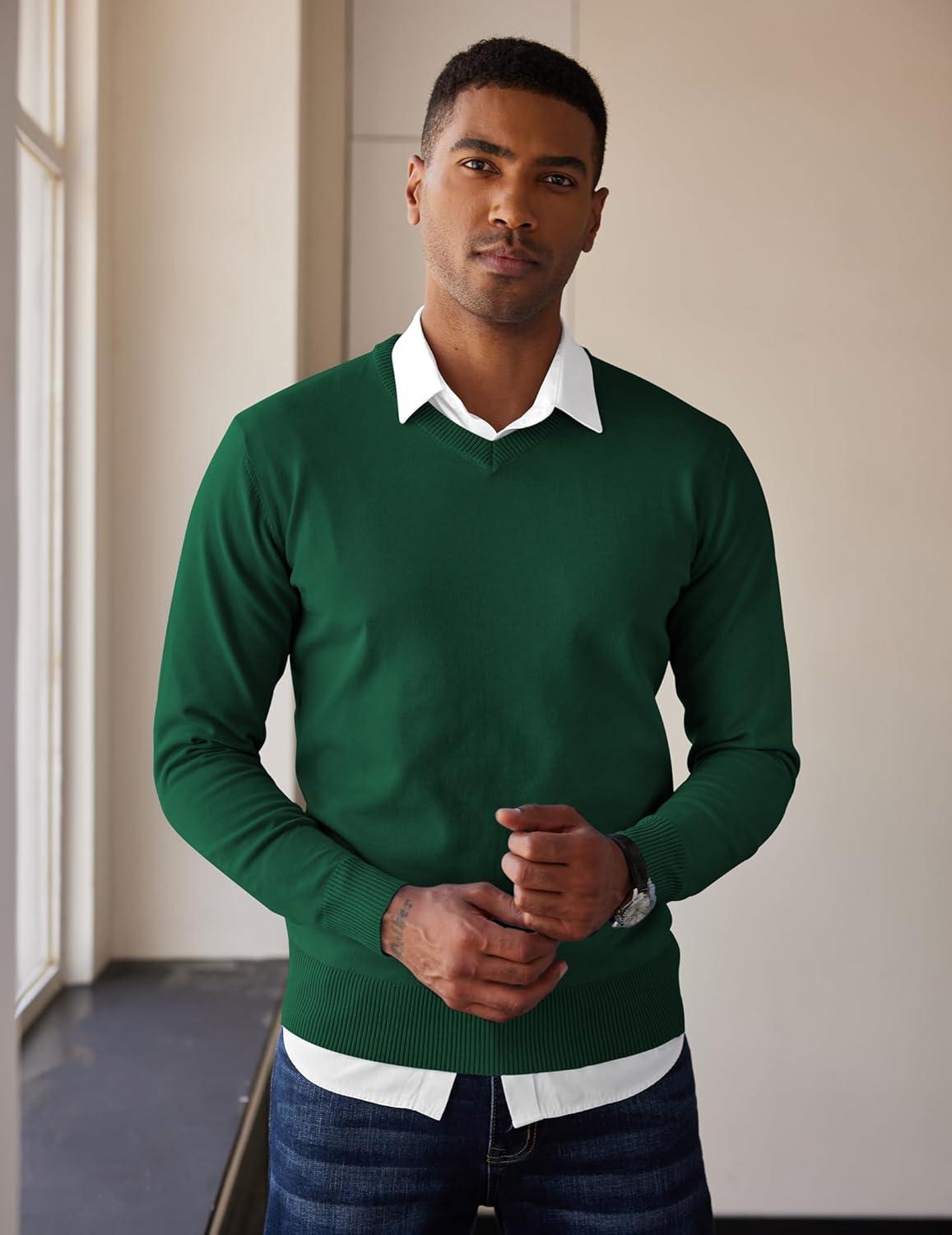 imageCOOFANDY Mens V Neck Sweater Lightweight Knitted Pullover SweatersGreen