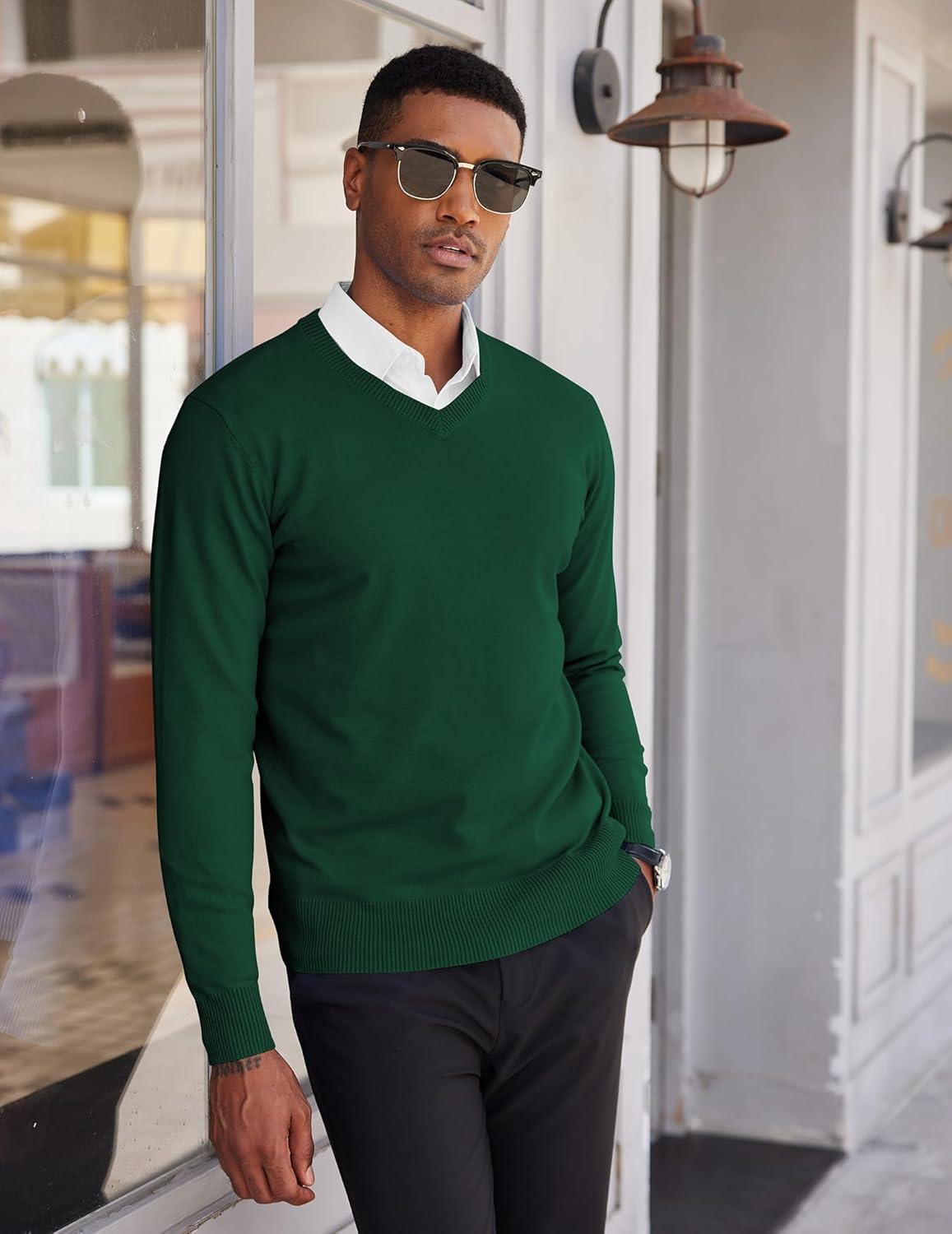 imageCOOFANDY Mens V Neck Sweater Lightweight Knitted Pullover SweatersGreen