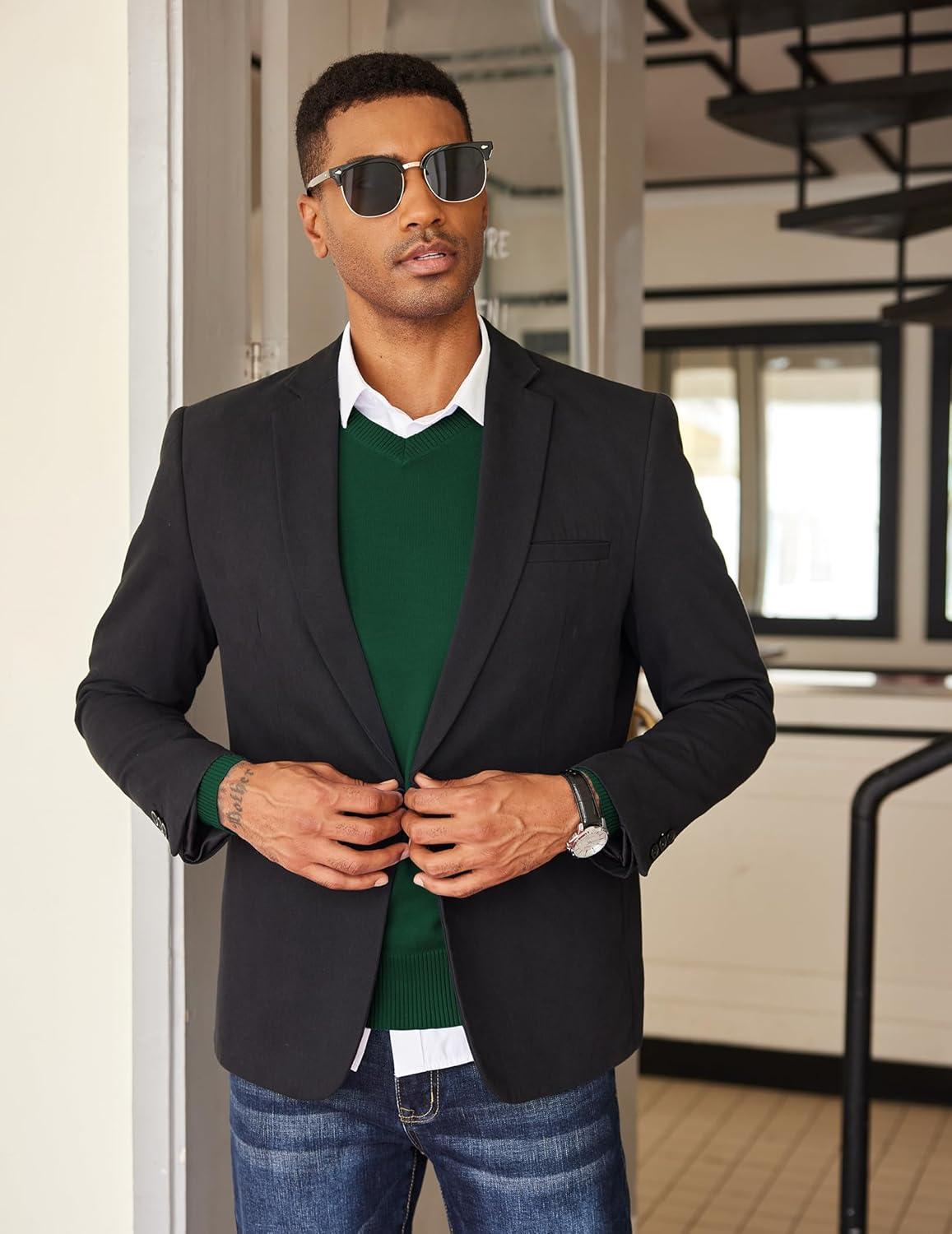 imageCOOFANDY Mens V Neck Sweater Lightweight Knitted Pullover SweatersGreen