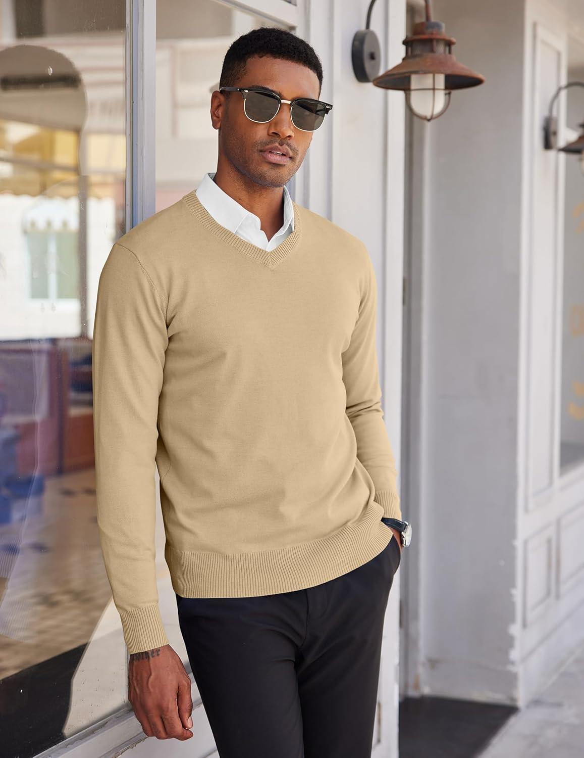 imageCOOFANDY Mens V Neck Sweater Lightweight Knitted Pullover SweatersKhaki
