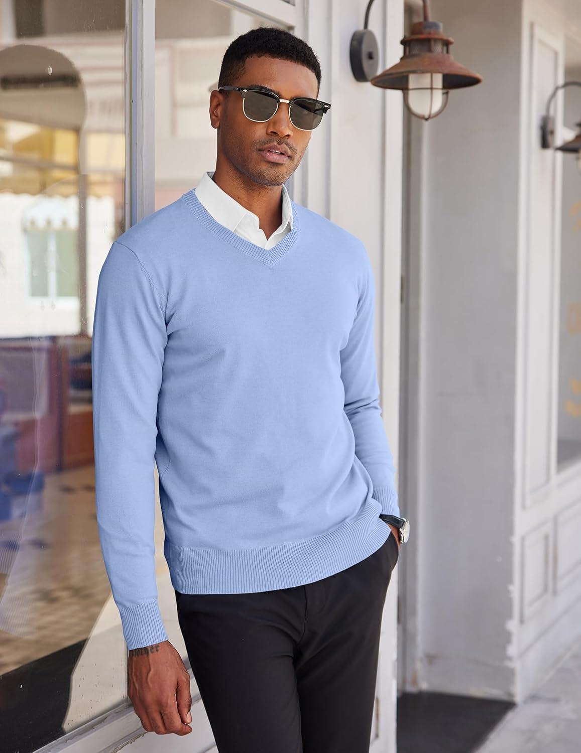 imageCOOFANDY Mens V Neck Sweater Lightweight Knitted Pullover SweatersLight Blue