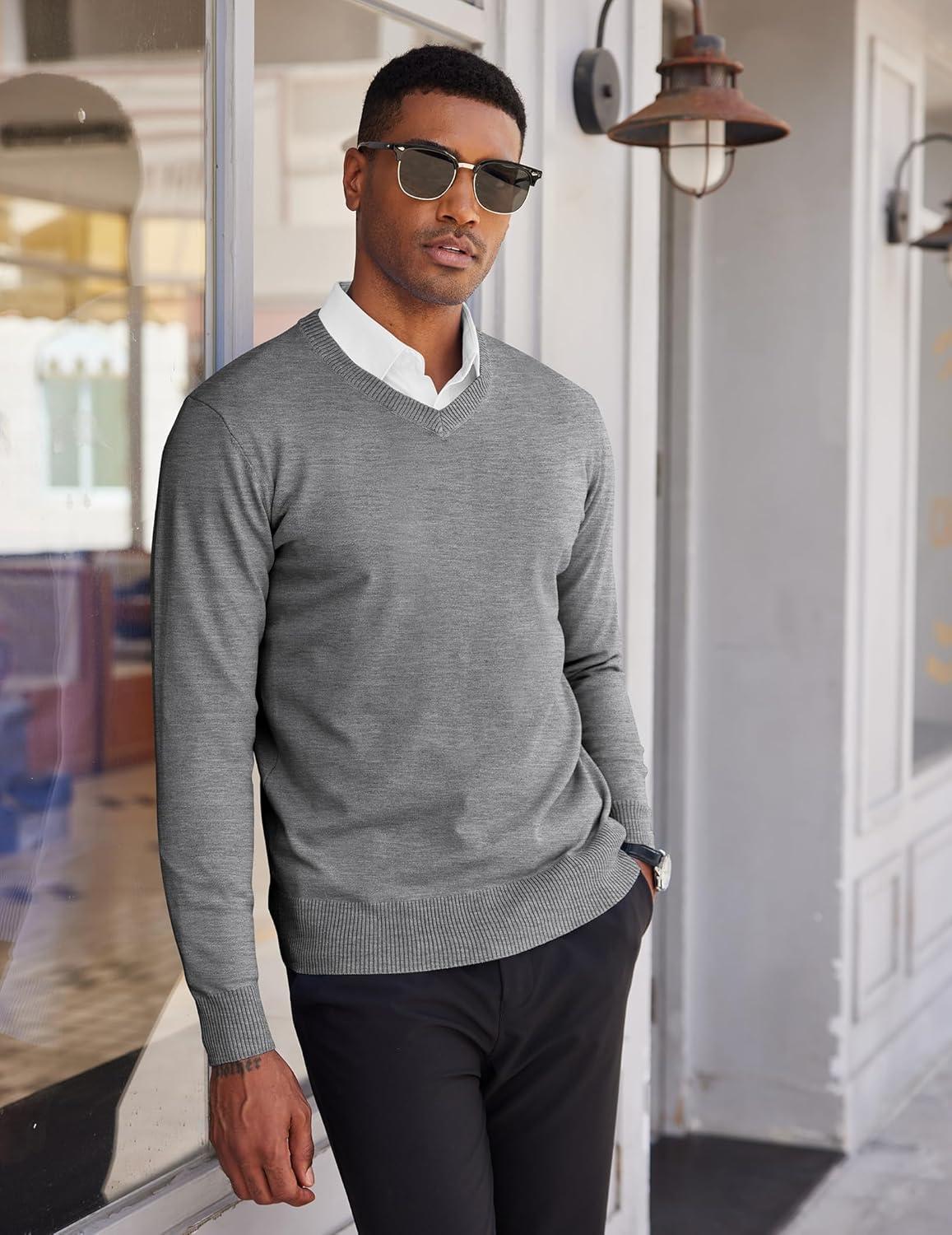 imageCOOFANDY Mens V Neck Sweater Lightweight Knitted Pullover SweatersLight Grey