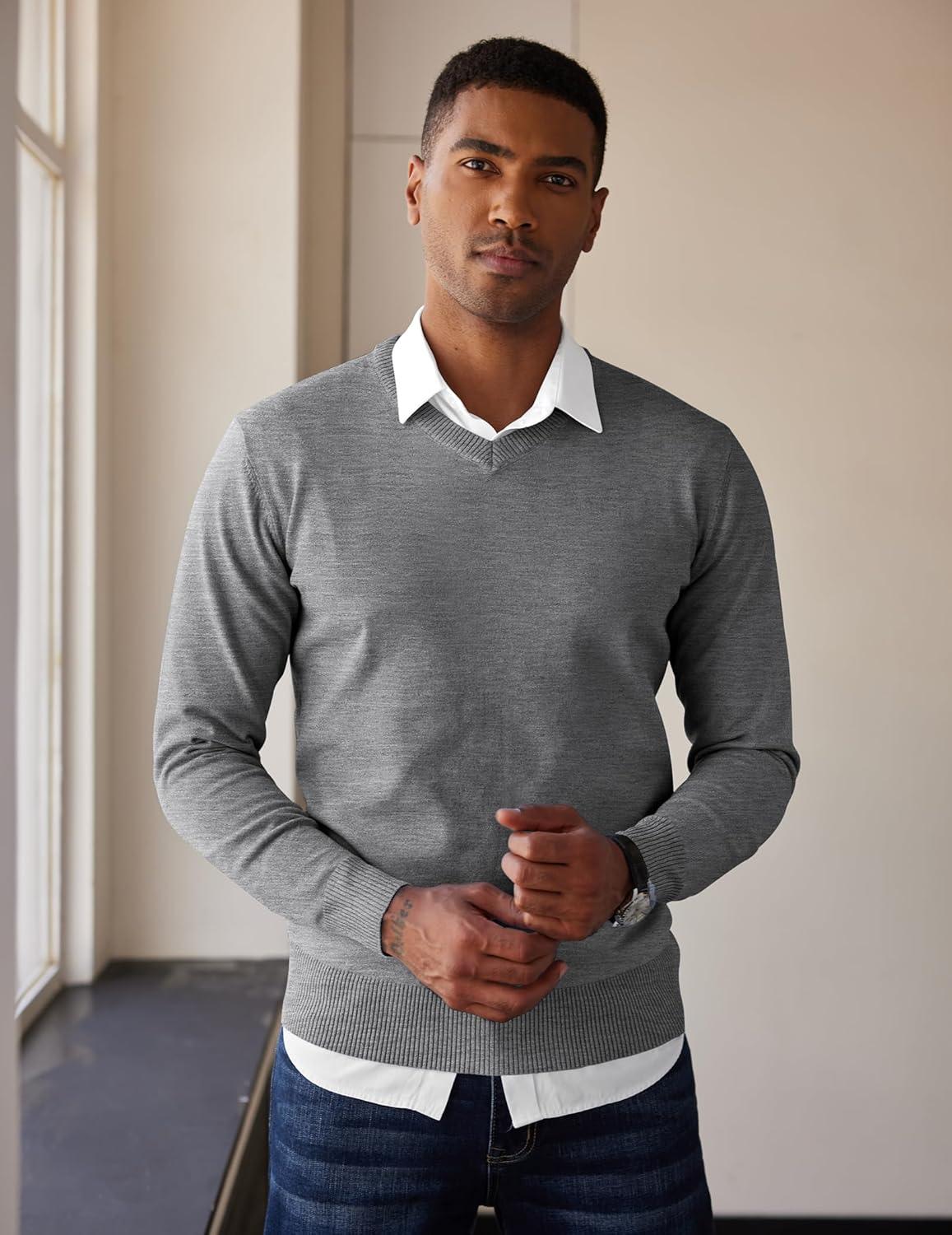 imageCOOFANDY Mens V Neck Sweater Lightweight Knitted Pullover SweatersLight Grey