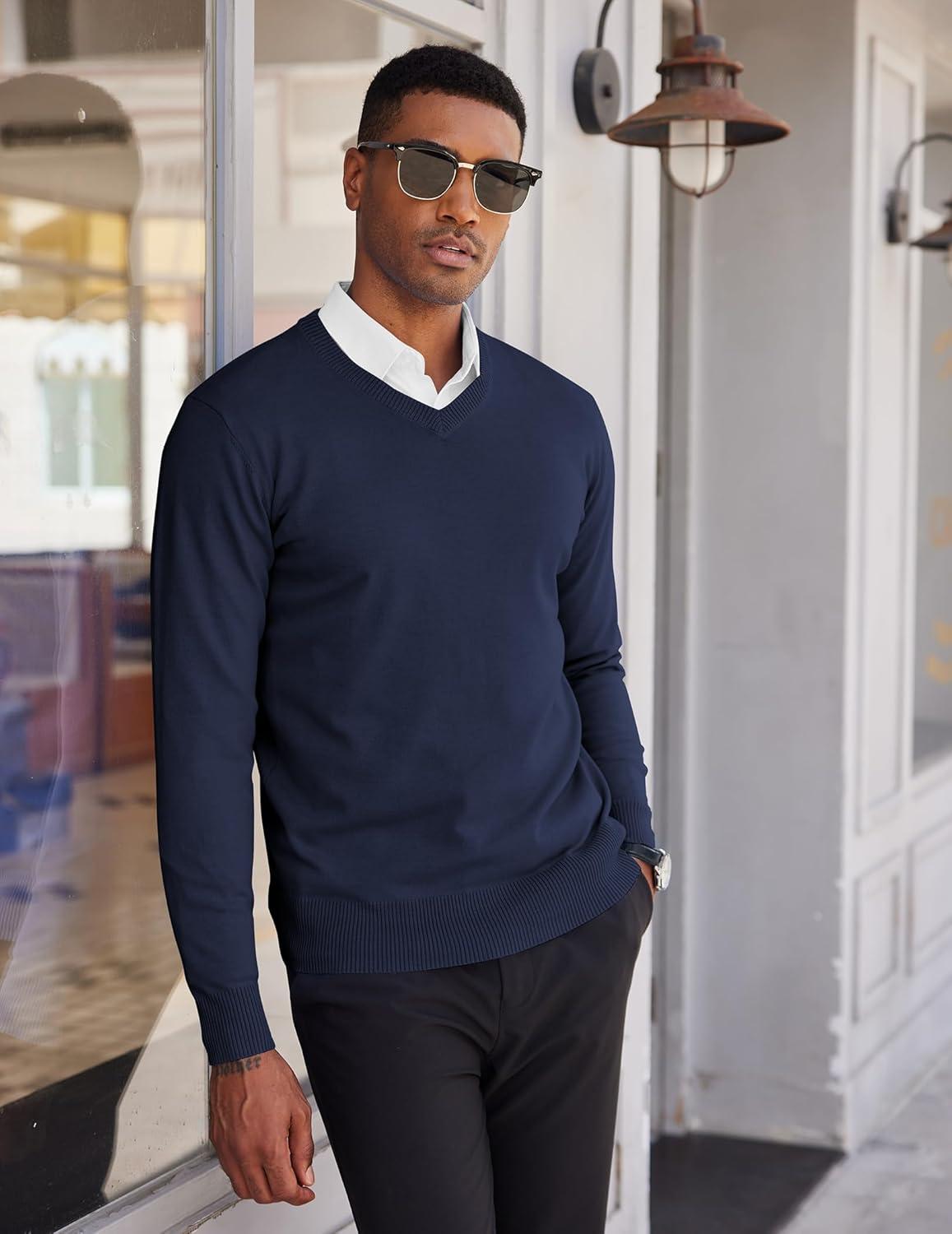 imageCOOFANDY Mens V Neck Sweater Lightweight Knitted Pullover SweatersNavy Blue