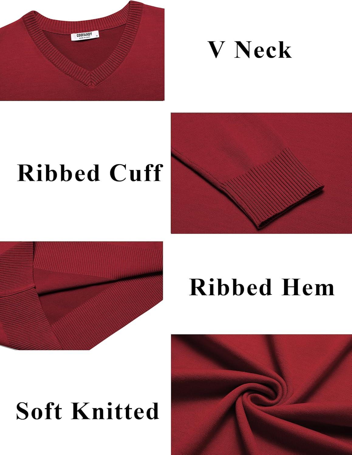 imageCOOFANDY Mens V Neck Sweater Lightweight Knitted Pullover SweatersRed
