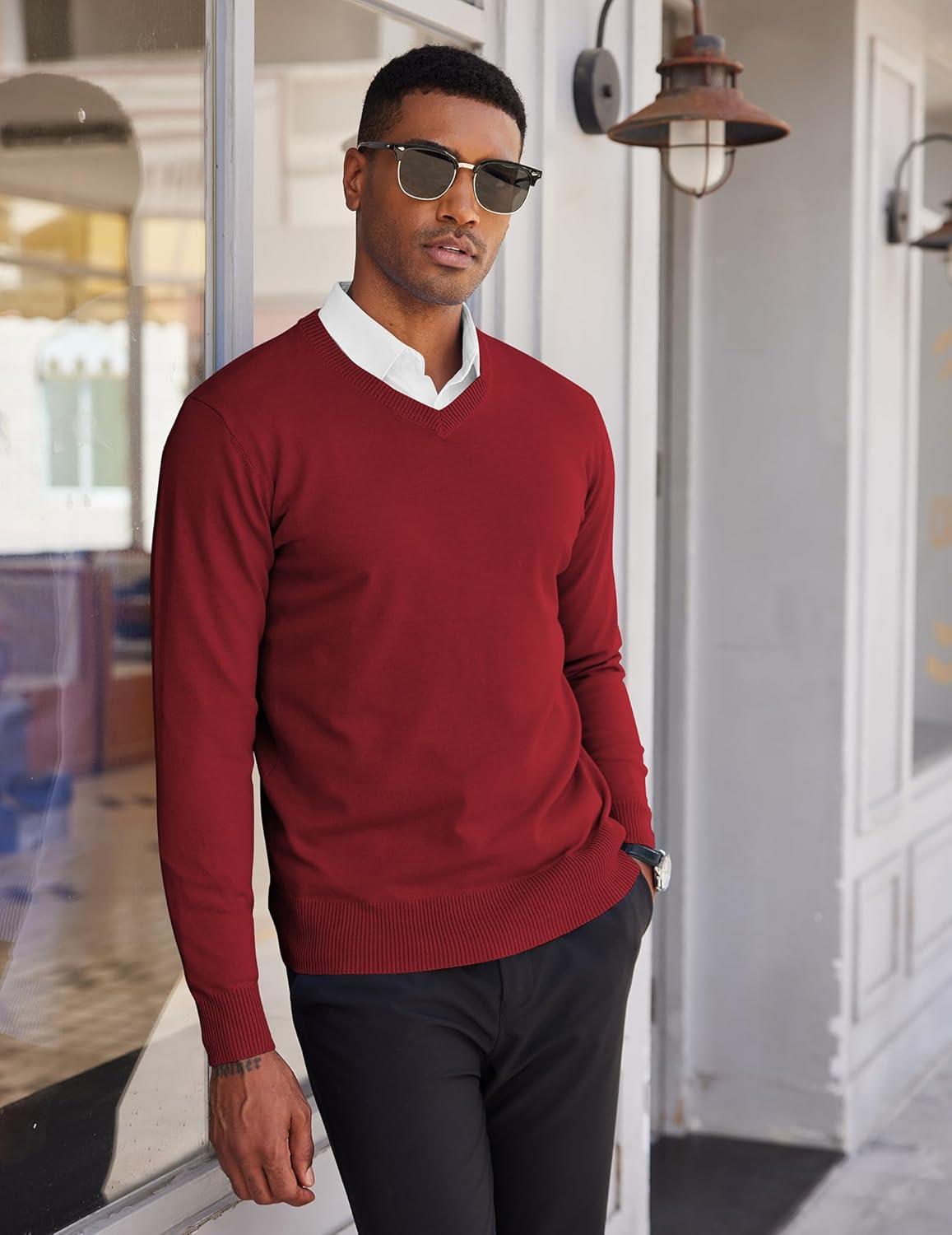 imageCOOFANDY Mens V Neck Sweater Lightweight Knitted Pullover SweatersRed