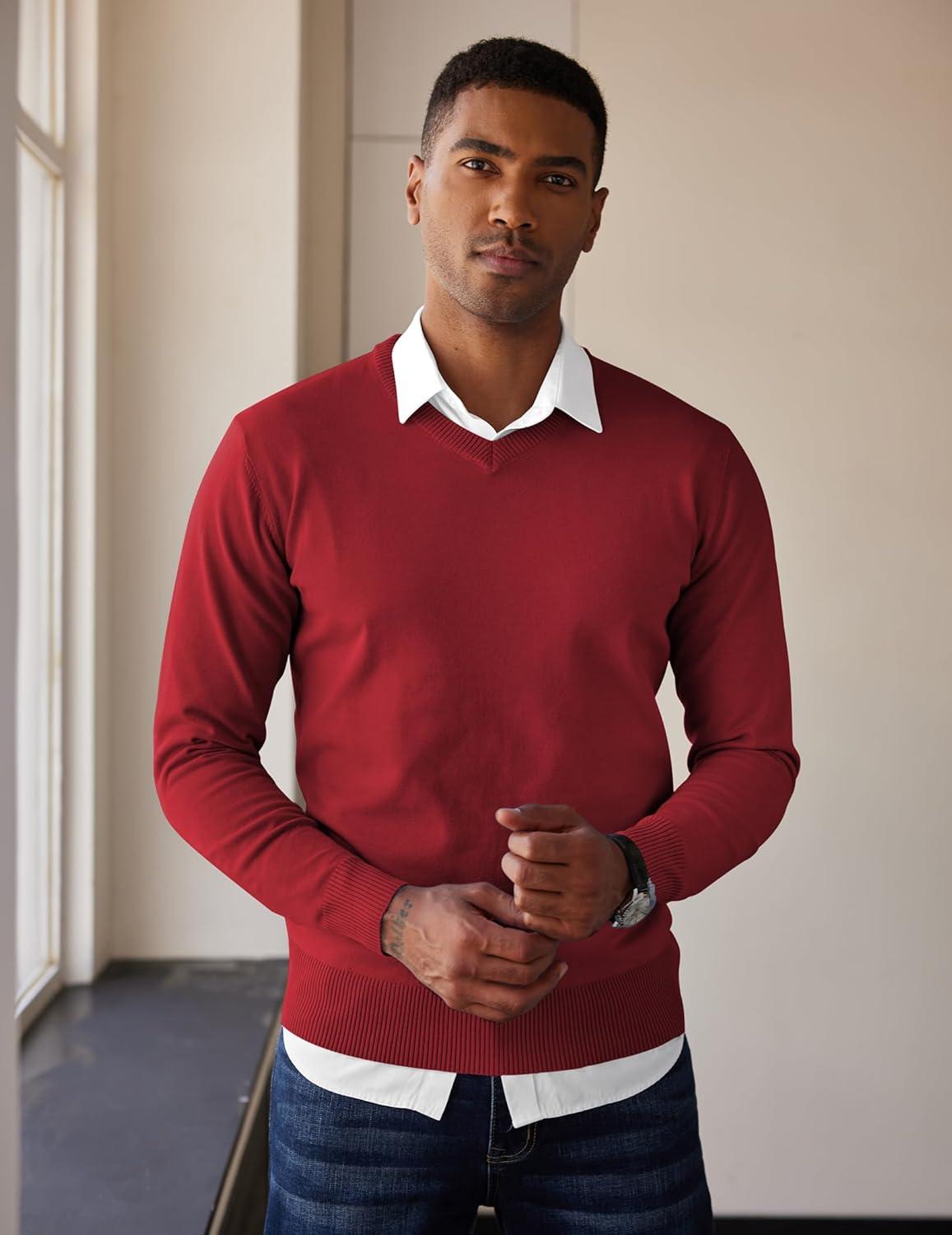 imageCOOFANDY Mens V Neck Sweater Lightweight Knitted Pullover SweatersRed