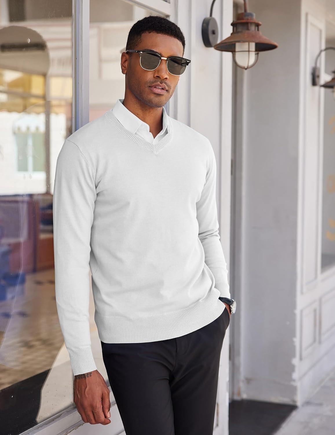 imageCOOFANDY Mens V Neck Sweater Lightweight Knitted Pullover SweatersWhite